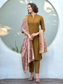 BLACK SCISSOR - Women's Viscose Brown Ethnic Kurta with Pant & Dupatta (Set of 3)