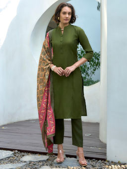 BLACK SCISSOR - Women's Viscose Olive Ethnic Kurta with Pant & Dupatta (Set of 3)