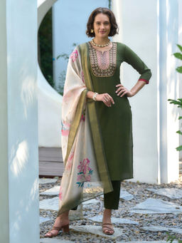 BLACK SCISSOR - Viscose Green Ethnic Kurta with Pant & Dupatta (Set of 3)