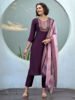 BLACK SCISSOR - Viscose Wine Ethnic Kurta with Pant & Dupatta (Set of 3)