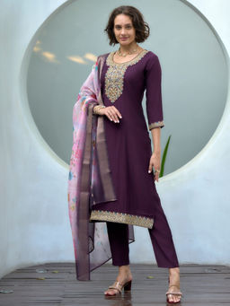 BLACK SCISSOR - Women's Purple Ethnic Kurta with Pant & Dupatta (Set of 3)