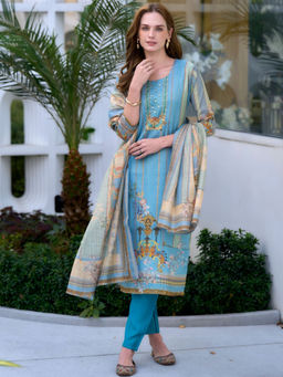 BLACK SCISSOR - Women's Silk Light Blue Ethnic Kurta with Pant & Dupatta (Set of 3)