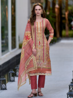 BLACK SCISSOR - Women's Silk Peach Ethnic Kurta with Pant & Dupatta (Set of 3)