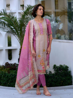 BLACK SCISSOR - Women's Silk Pink Colour Ethnic Kurta with Pant & Dupatta (Set of 3)