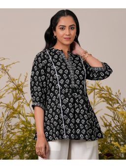 Libas - Black Cotton Floral Printed Pleated Aline Tunic