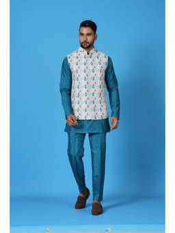 Simaaya - Purple Printed Silk Kurta with Pant and Nehru Jacket (Set of 3)