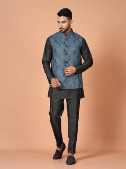Simaaya - Teal Printed Silk Kurta with Pant and Nehru Jacket (Set of 3)