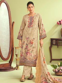 Stylee LIFESTYLE - Beige Muslin Embroidered Unstitched Dress Material