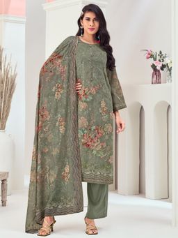 Stylee LIFESTYLE - Green Muslin Embroidered Unstitched Dress Material