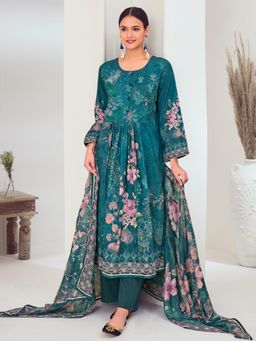 Stylee LIFESTYLE - Teal Muslin Embroidered Unstitched Dress Material