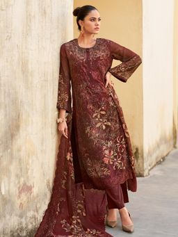 Stylee LIFESTYLE - Brown Organza Embroidered Unstitched Dress Material