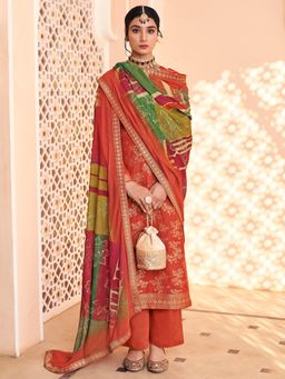 Stylee LIFESTYLE - Rust Dola Silk Jacquard Printed Unstitched Dress Material