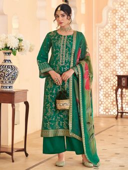 Stylee LIFESTYLE - Green Dola Silk Jacquard Printed Unstitched Dress Material