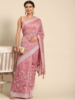 Odette - Pink Cotton Embroidered Saree with Unstitched Blouse