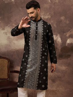 ETHNIC BAY - Men Silk Blend Solid Embroidered Straight Black Kurta