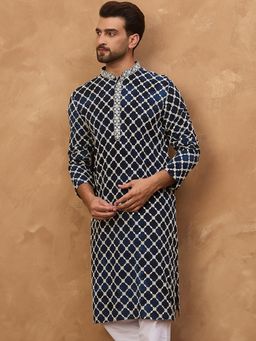 ETHNIC BAY - Men Viscose Rayon Shibori Embroidered Straight Blue Kurta