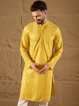 ETHNIC BAY - Men Yellow Viscose Rayon Embroidered Straight Kurta