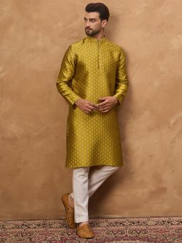 ETHNIC BAY - Men Yellow Silk Blend Woven Design Straight Kurta