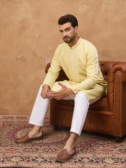 ETHNIC BAY - Men Yellow Silk Blend Embroidered Kurta