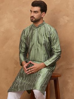 ETHNIC BAY - Men Green Silk Blend Geometric Embroidered Straight Kurta