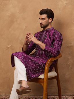 ETHNIC BAY - Men Purple Silk Blend Geometric Printed Straight Kurta