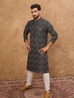 ETHNIC BAY - Men Black Silk Blend Geometric Printed Straight Kurta