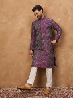 ETHNIC BAY - Men Purple Silk Blend Geometric Printed Straight Kurta