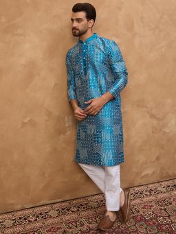 ETHNIC BAY - Men Blue Silk Blend Geometric Printed Straight Kurta