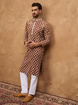 ETHNIC BAY - Men Tan Viscose Rayon Others Embroidered Straight Kurta