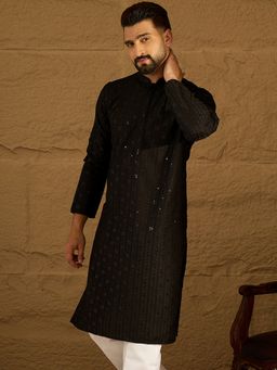 ETHNIC BAY - Men's Black Viscose Rayon Embroidered Straight Kurta
