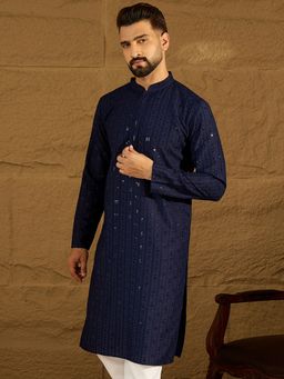 ETHNIC BAY - Men's Navy Blue Viscose Rayon Embroidered Straight Kurta