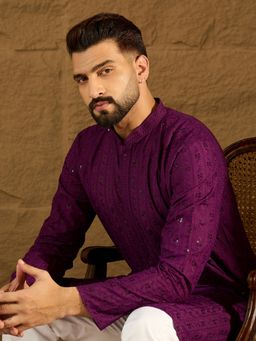 ETHNIC BAY - Men's Purple Viscose Rayon Embroidered Straight Kurta