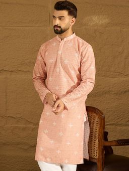 ETHNIC BAY - Men's Peach Viscose Rayon Bandhani Embroidered Straight Kurta