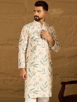 ETHNIC BAY - Men's White Viscose Rayon Floral Embroidered Straight Kurta