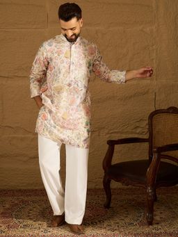 ETHNIC BAY - Men's Off White Viscose Rayon Floral Printed Straight Kurta