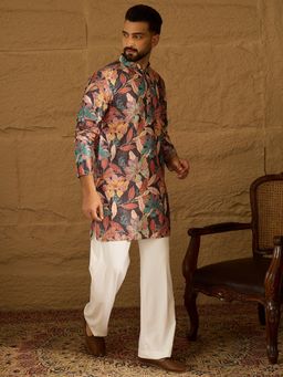 ETHNIC BAY - Men's Grey Silk Blend Floral Straight Kurta