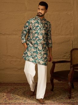 ETHNIC BAY - Men's Teal Silk Blend Floral Straight Kurta