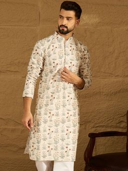 ETHNIC BAY - Men's Off White Viscose Rayon Floral Printed Straight Kurta