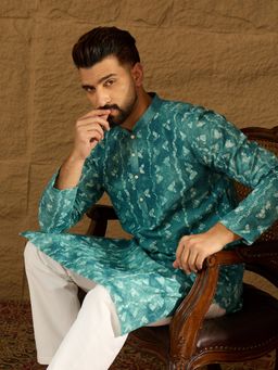 ETHNIC BAY - Men's Blue Cotton Batik Embroidered Straight Kurta