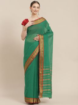 ISHIN - Womens Cotton Blend Green Solid Woven Design Saree with Unstitched Blouse