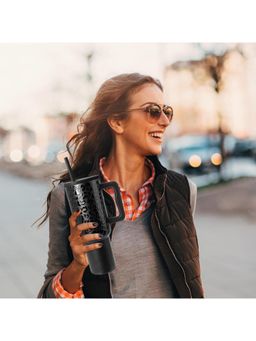 House of Quirk - Water Tumbler Hot - Cold with Handle & Lid 2 Straw 1200ML - Powder Leopard