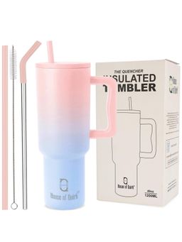 House of Quirk - Water Tumbler Hot - Cold with Handle & Lid 2 Straw 1200ML - Powder Pink Blu