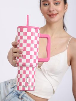 House of Quirk - Water Tumbler Hot - Cold with Handle & Lid 2 Straw 1200ML - Pink Check