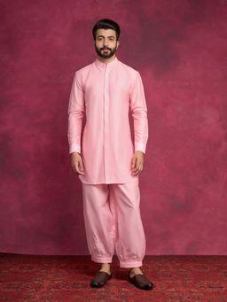 Abhishti - High-Low Hem Kurta Paired with Pathani Pants-Sakura Pink (Set of 2)