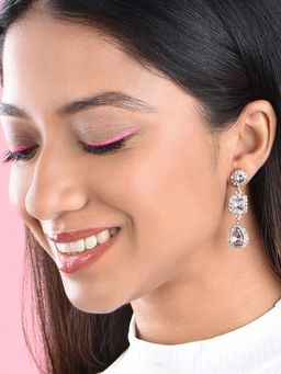 ToniQ - Grey Partywear Gold Plated CZ Stone Floral Dangler Earrings for Women