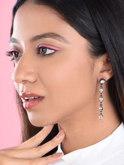 ToniQ - Grey Gun Metal Plated Party wear CZ Stone Long Dangler Earrings for Women