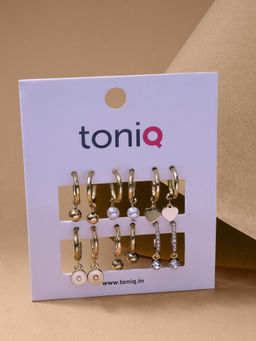 ToniQ - Set of 6 Gold Plated Stone Studded & Pearls Beaded Hoop Earrings