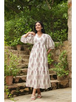 Jaipur Morni - White Printed Cotton Three-Quarter Elasticated Sleeves Midi Dress