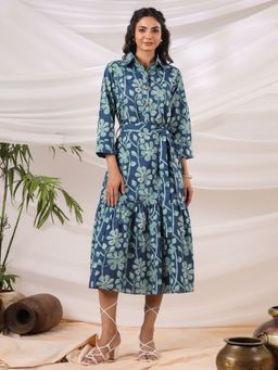 Jaipur Morni - Teal Printed Collared Pocket Midi Dress With Belt (Set of 2)