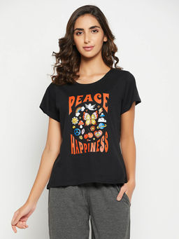 Clovia - Graphic & Text Print Top In Black - 100 Percent Cotton